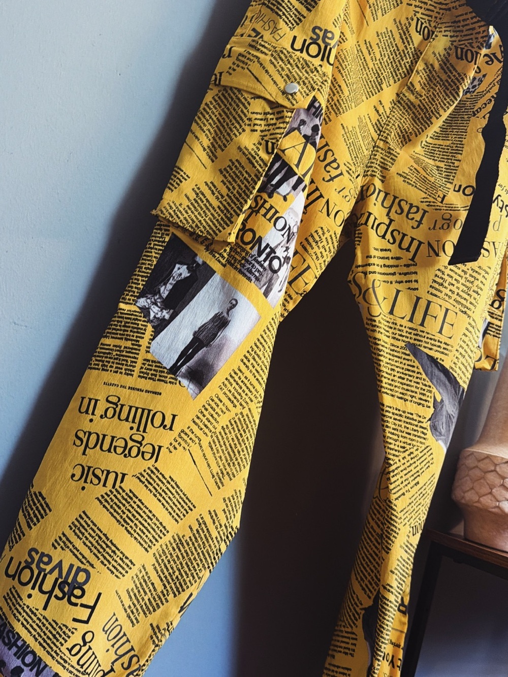 Yellow Newspaper Print Cargo Pants | Oversized Streetwear Utility Pants | 3X